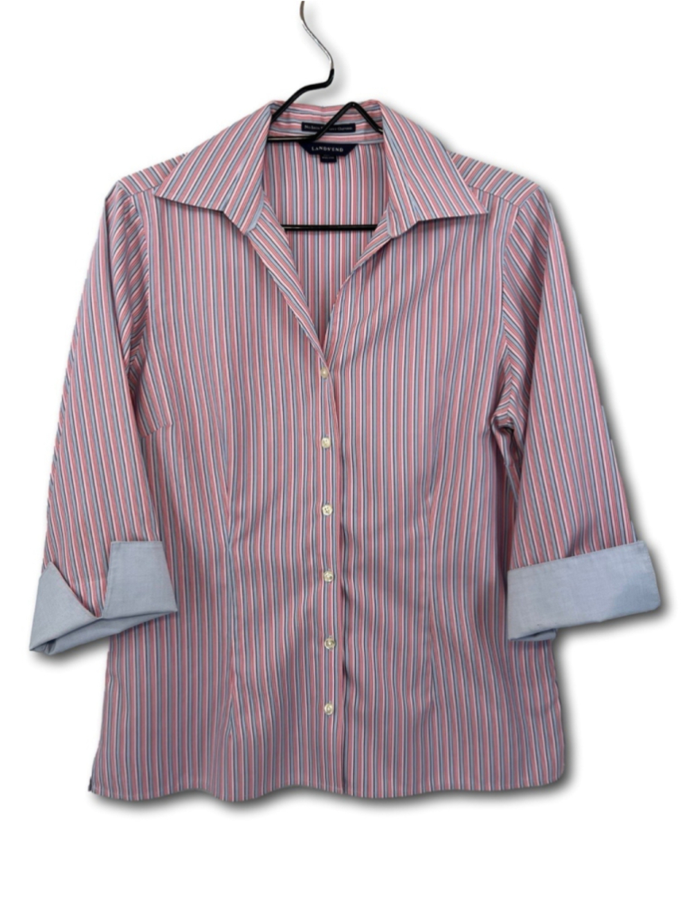 Lands' End Women's Shirt Button Up No Iron Pinpoint Oxford Size 10 Pink White